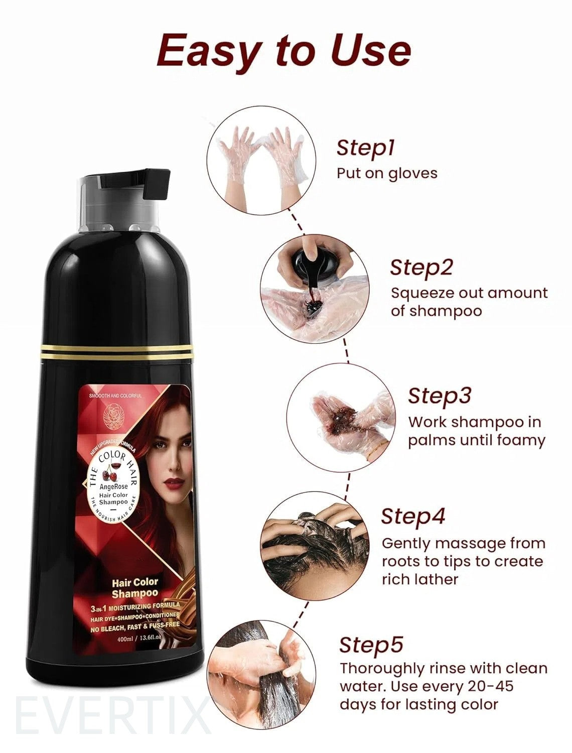 Wine Red Hair Dye Shampoo 3 in 1 - Gray Coverage, 400ml