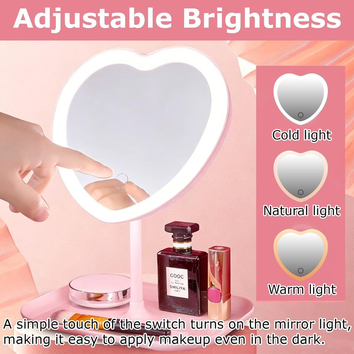 Heart-Shaped Vanity Mirror with 3 Light Colors and Dimming, 11x9 Inch