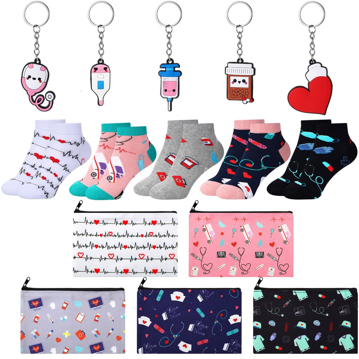 Nurse Appreciation Gift Set - Socks, Cosmetic Bag & Keychains - Bright Nurse Elements