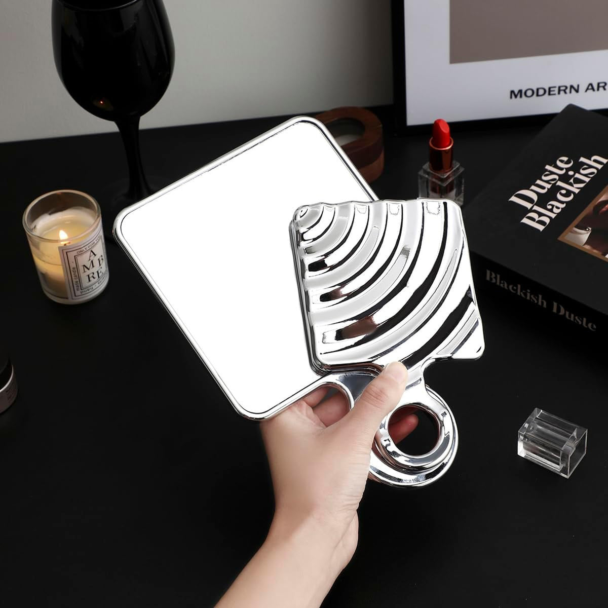 Handheld Mirror with Handle - Silver Electroplated Vanity Grooming Tool 6.5x4 Inches