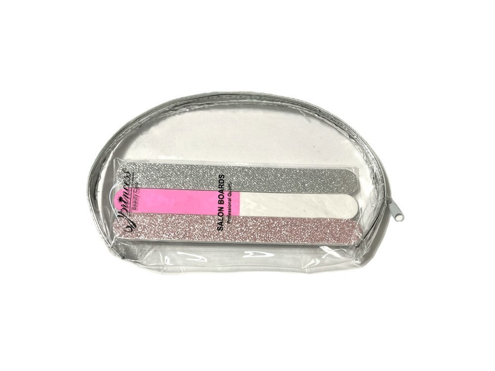 Large Zipper Cosmetic Bag & 3-Pack Glitter Nail File Set - Pink & Silver