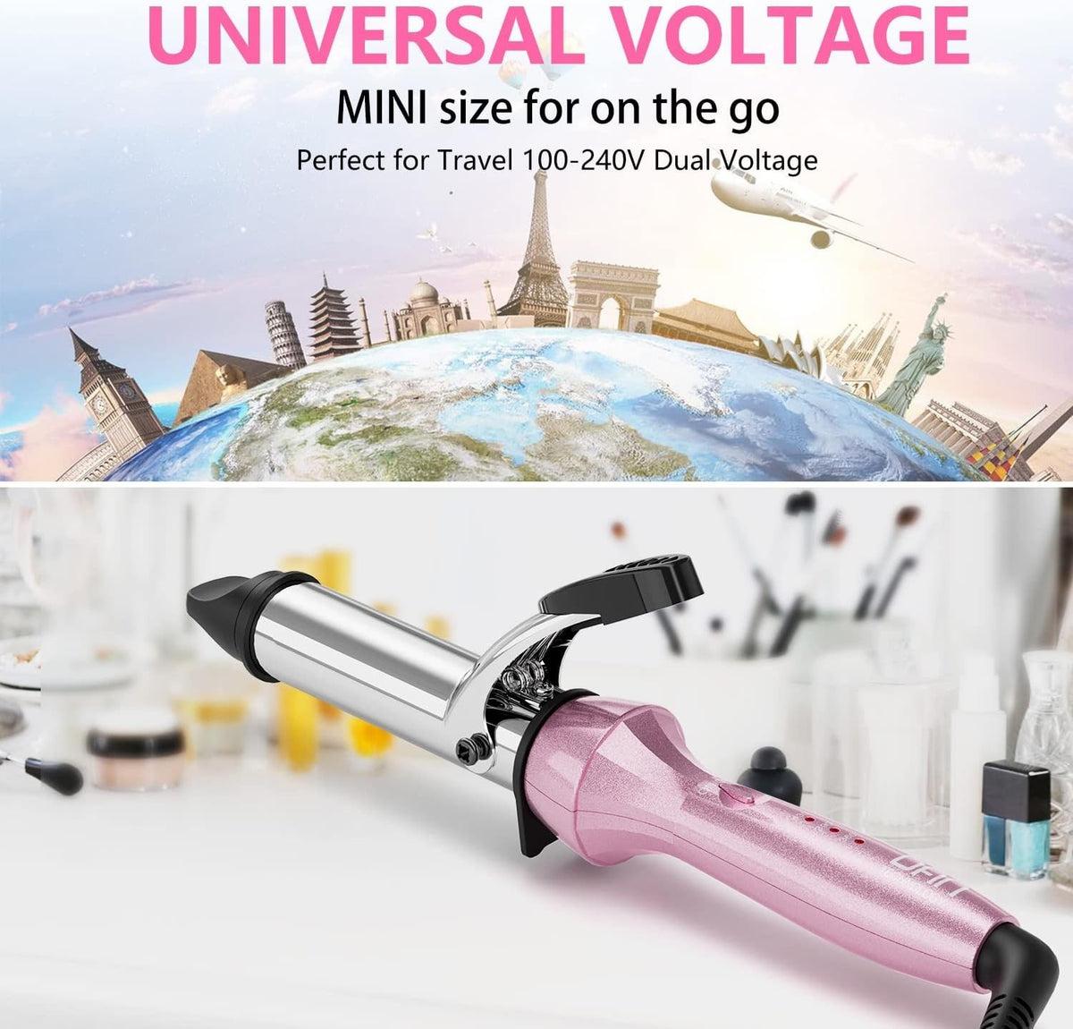 Dual Voltage Pink Curling Iron with Anti-Scald Safety Features - 450°F