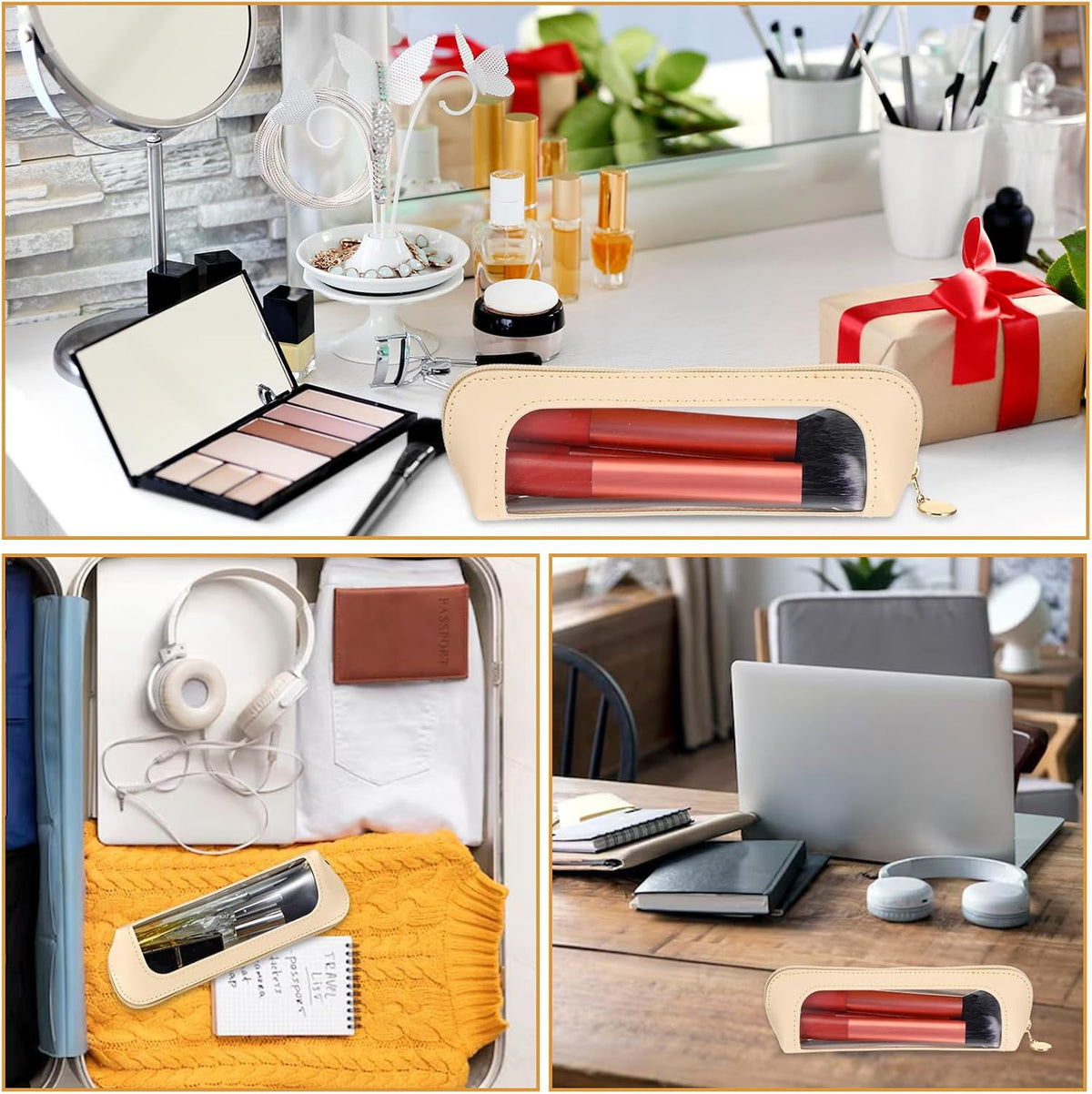 2Pcs Clear Makeup Brush Bag - Portable Transparent Cosmetic Case with Leather Slim Design