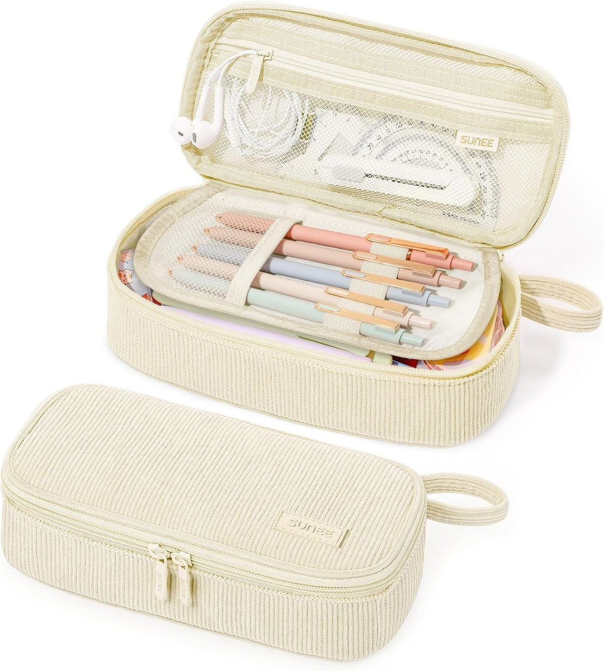 Beige Corduroy Pencil Case with Zipper - Spacious Stationery Organizer