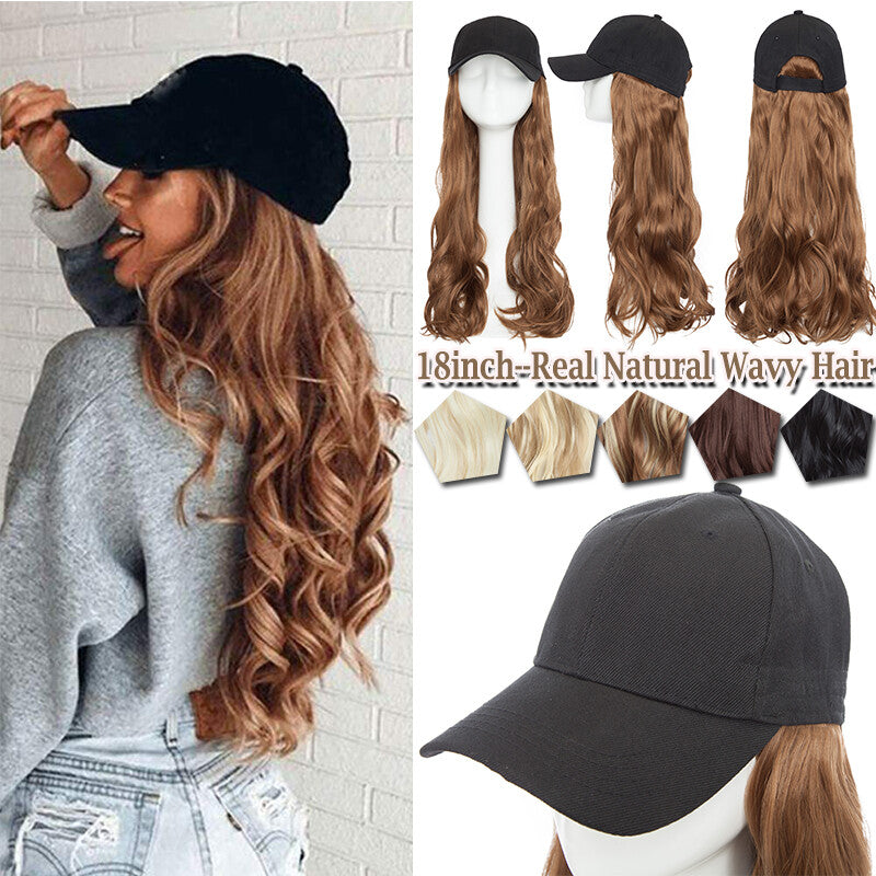 Baseball Cap with Synthetic Hair Extensions - Straight, Curly, Wavy Fits Most