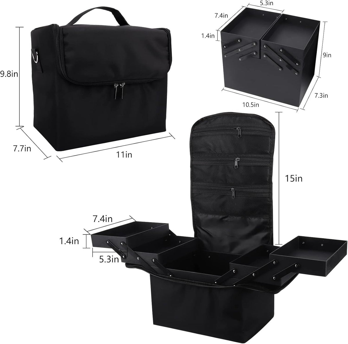 4-Tier Black Makeup Carrying Case with Detachable Shoulder Strap