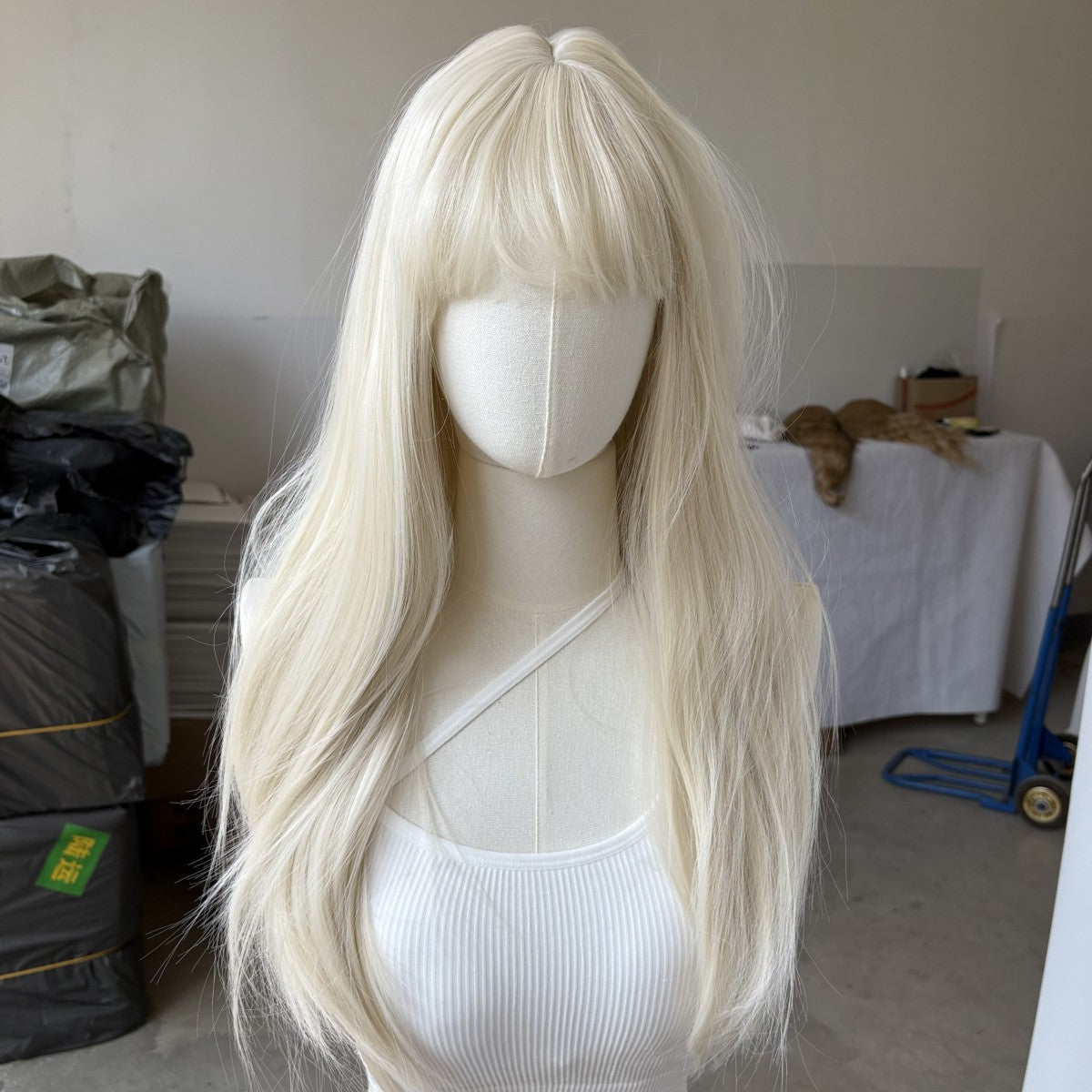 Platinum Blonde Synthetic Wig for Women Long Straight Costume Hair with Bangs