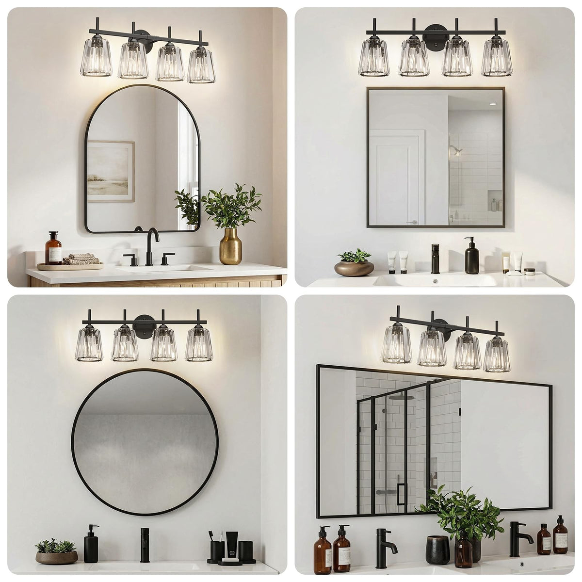 Black Crystal Bathroom Vanity Light Fixture - 4-Light Wall Sconce for Mirror