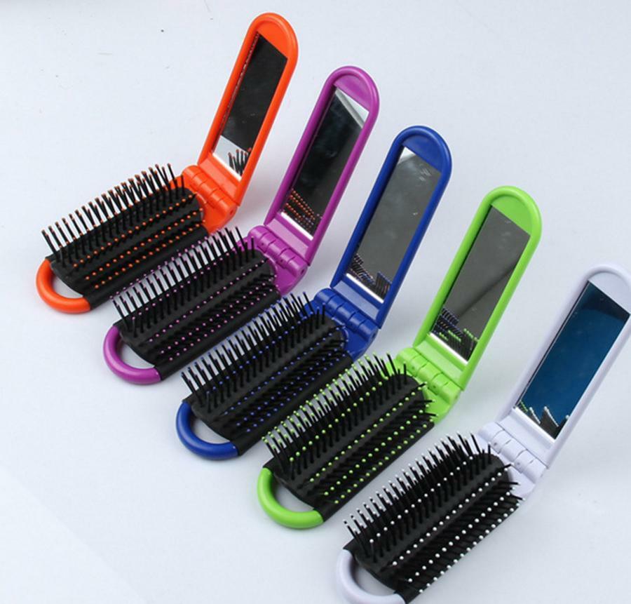 Portable Folding Hair Brush with Mirror Travel Comb Compact Hair Styling Tool