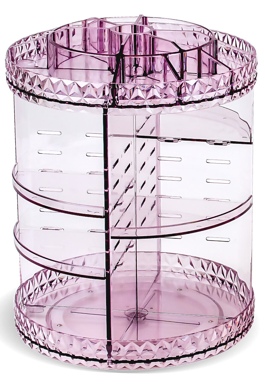 Rotating Makeup Organizer with Adjustable Shelves - 15 Slots, Clear or Pink