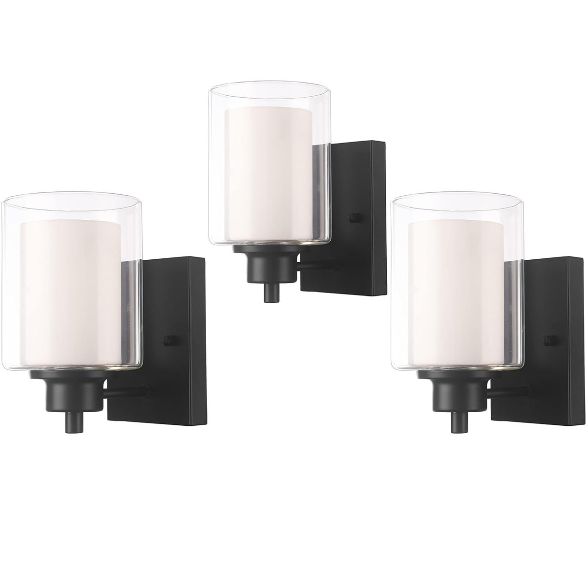 3-Pack Indoor Black Vanity Light Fixtures - 1-Light Wall Sconce with Dual Glass Shade, E26, Dimmable