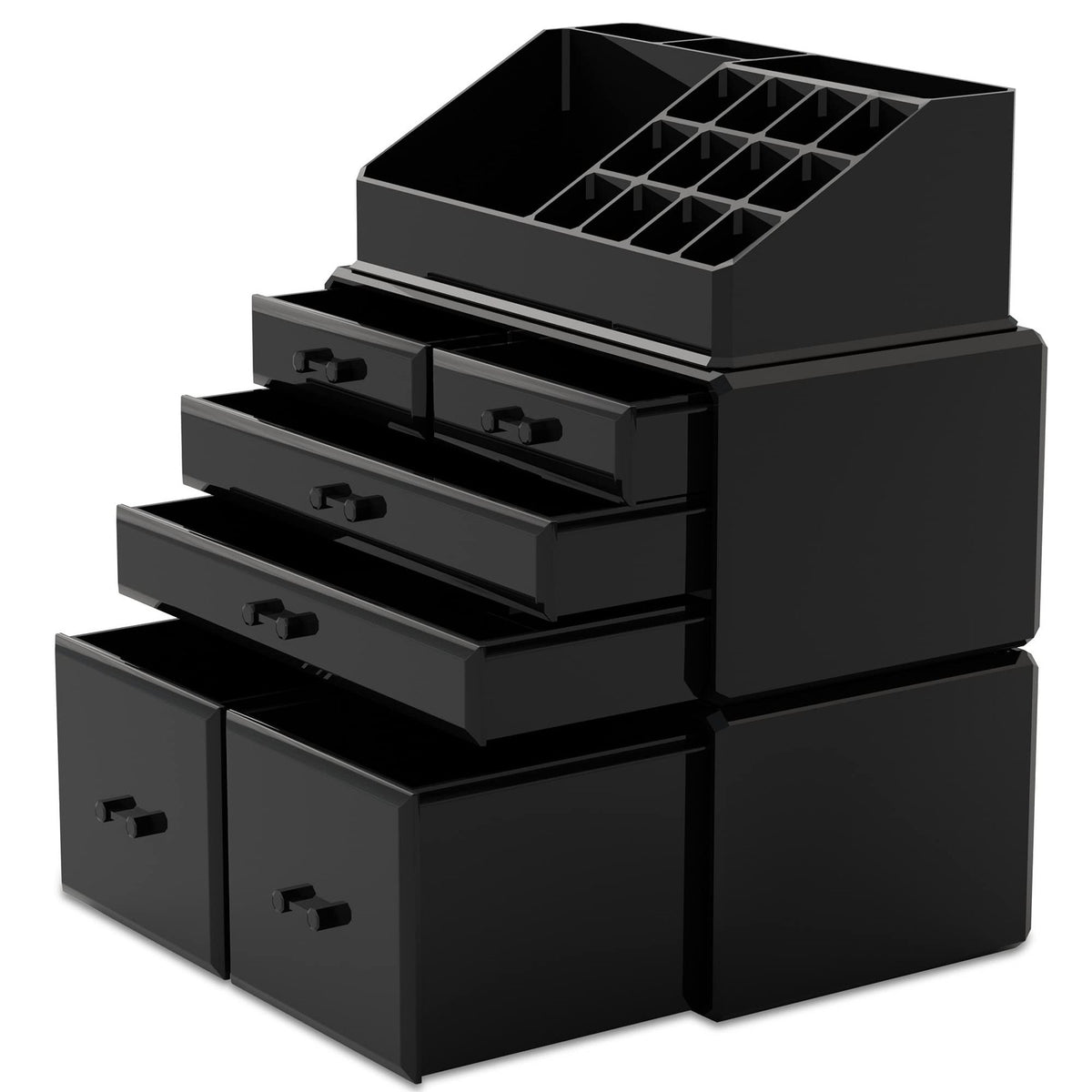 3-Piece Makeup Organizer with 6 Drawers - Black Cosmetic Storage Case