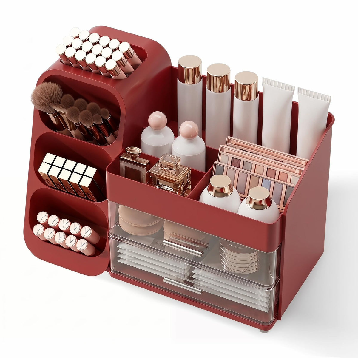 Red Makeup Organizer with Drawers, Large Capacity Vanity Storage Case