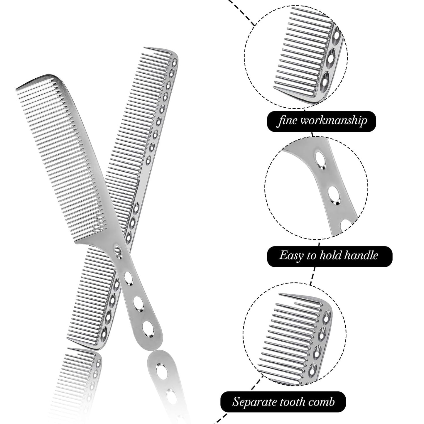 Metal Hair Comb Set - 2 Pcs Aluminum Styling Combs for Haircut and Styling, 8 Inches, Silver