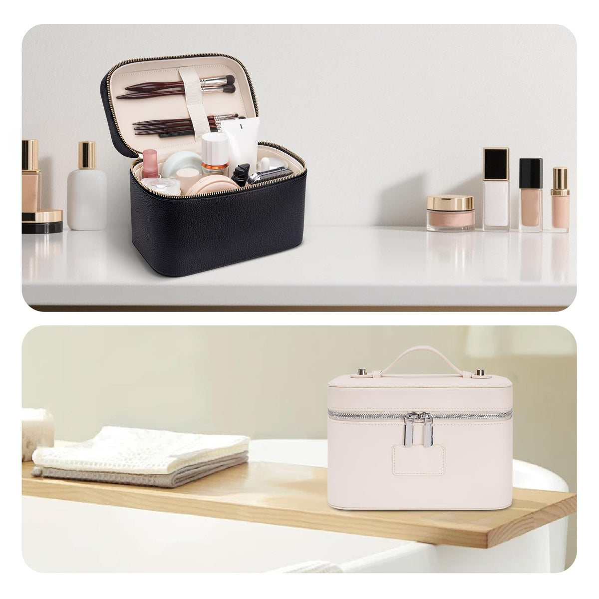 Leather Makeup Organizer Bag with Removable Divider - Waterproof Travel Cosmetic Case