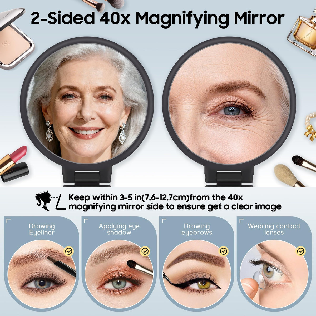 40X Magnifying Hand Mirror for Makeup with Double Sided Design Travel Compact Frosted Black
