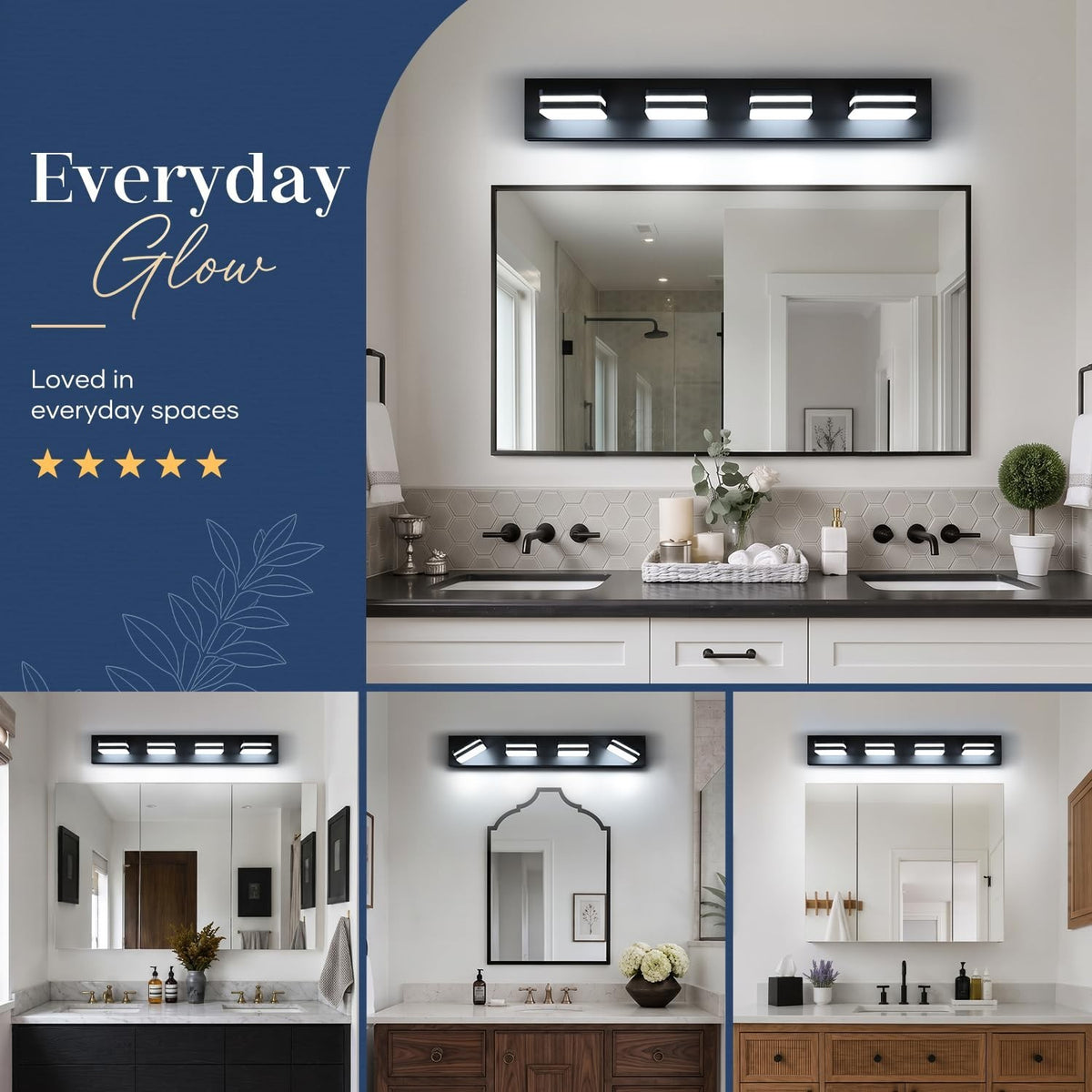 360° LED Bathroom Vanity Light Fixtures, Modern Acrylic Wall Mount 4-Light 27 Inch