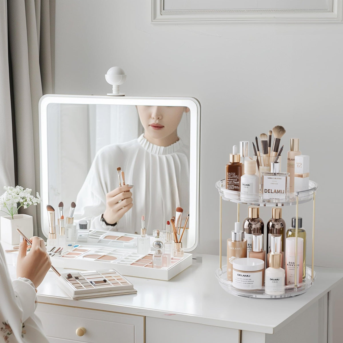 2-Tier Rotating Makeup Organizer with Spinning Storage for Skincare & Perfume