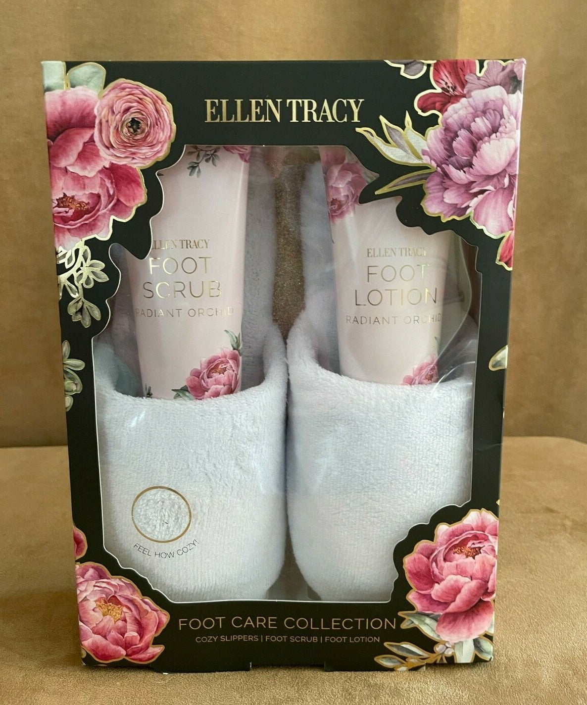 Foot Care Gift Set with Cream Scrub and Cozy Slippers - Orchid Collection