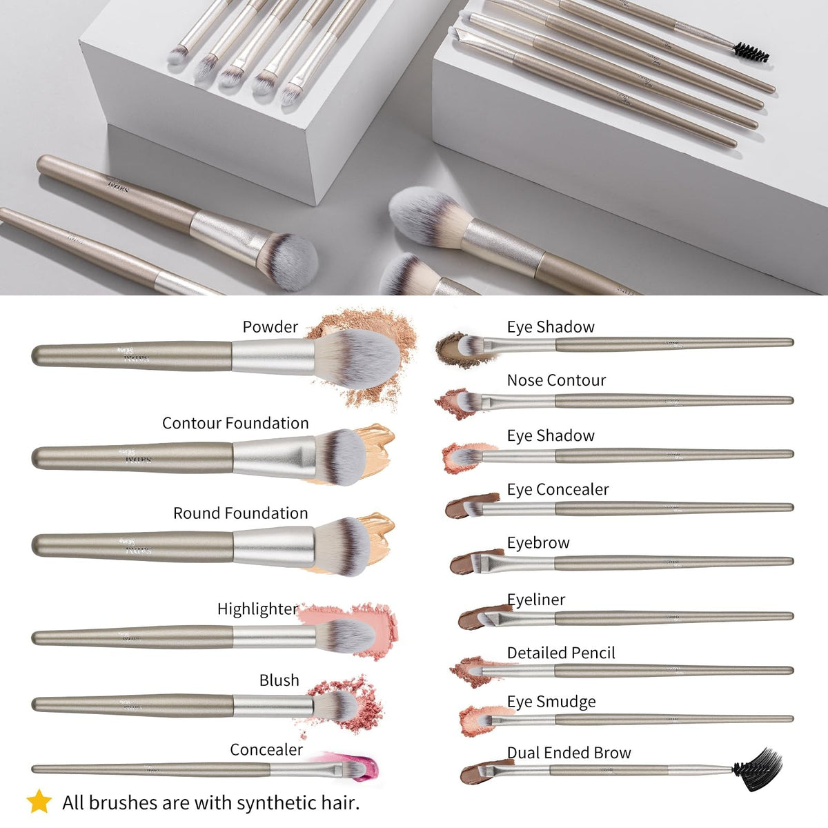 15-Piece Vegan Makeup Brush Set with Foundation, Eyeshadow, Blush & Eyeliner Tools