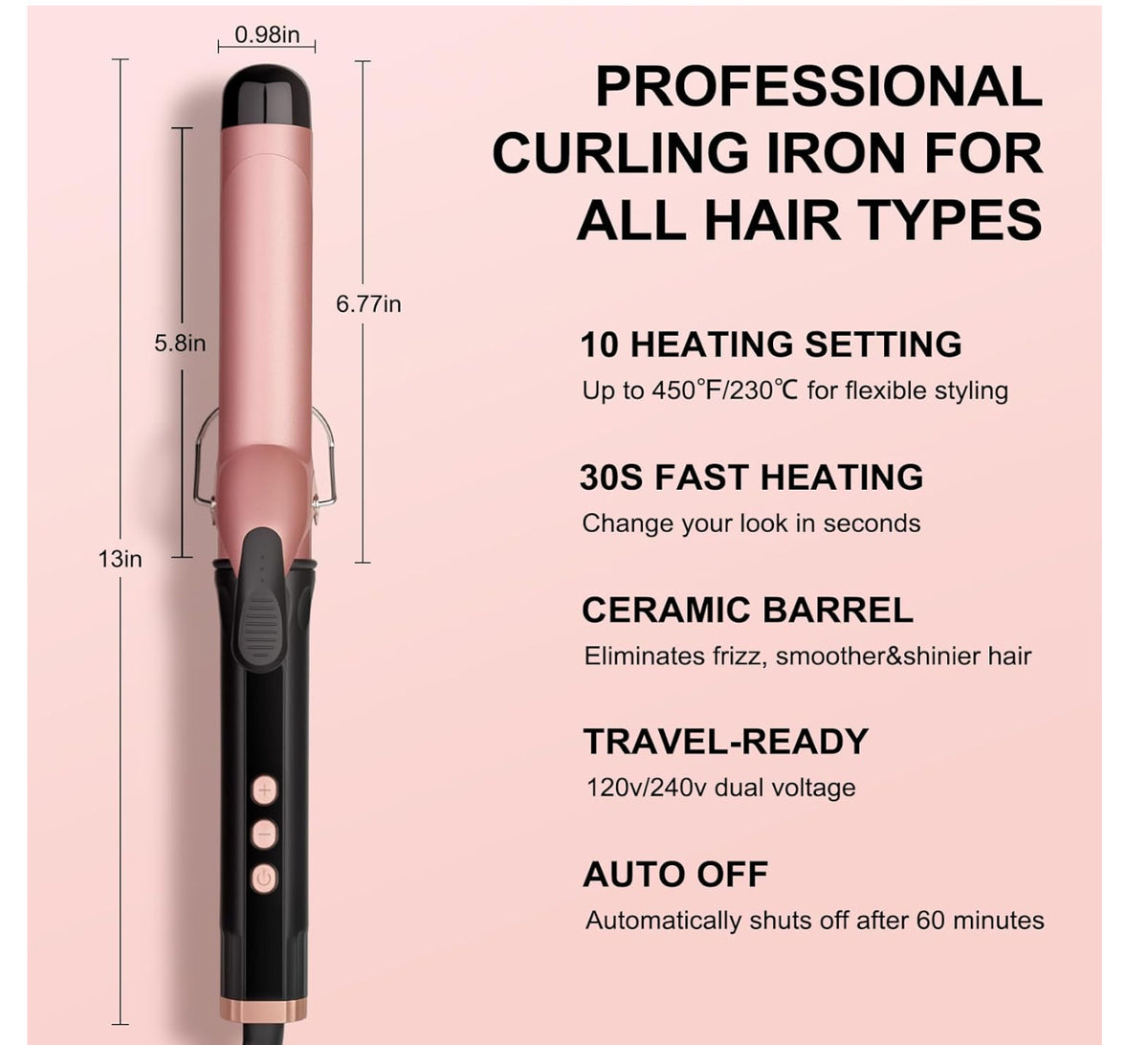 Ceramic Barrel Curling Iron Wand - 1 Inch Professional Hair Curler with Adjustable Heat