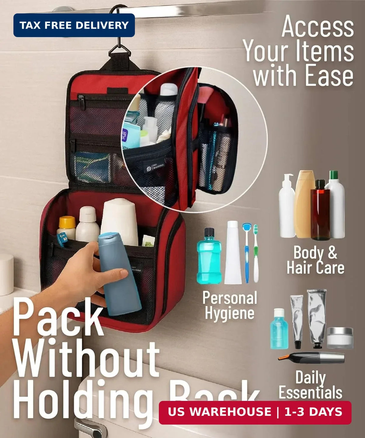 Travel Toiletry Bag with 10 Compartments Water-Resistant Hanging Organizer