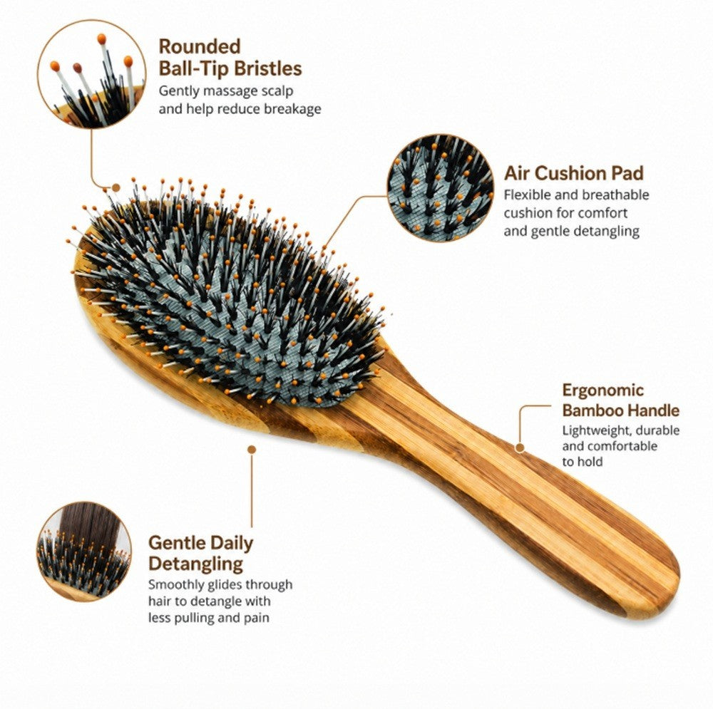 Bamboo Boar Bristle Hair Brush for Thick Curly Fine Hair - Scalp Massage Comb