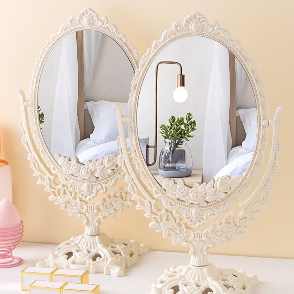 Retro Double Sided Tabletop Makeup Mirror - Oval, 8.7 x 7.5 Inches, Beige