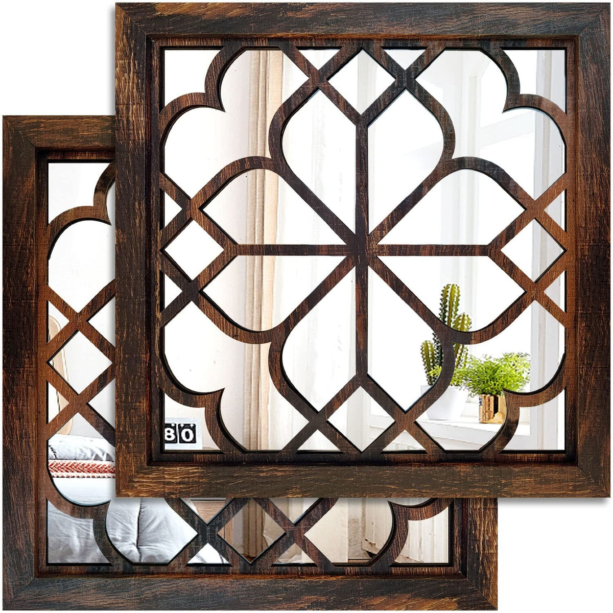 2-Pack Rustic Square Wall Mirrors, Caramel Finish for Bathroom & Living Rooms