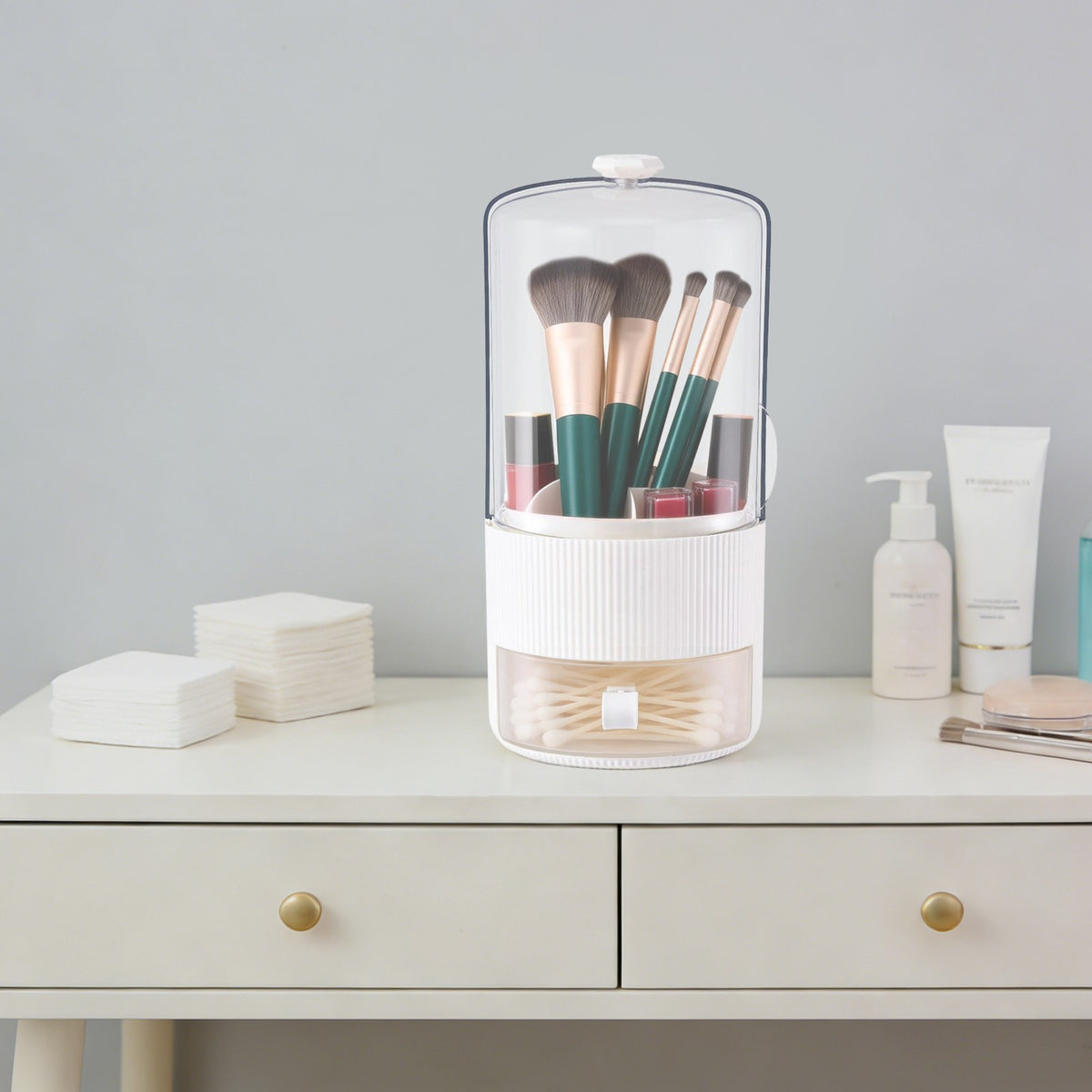 White Makeup Brush Organizer with Cover - Cosmetic Storage Container