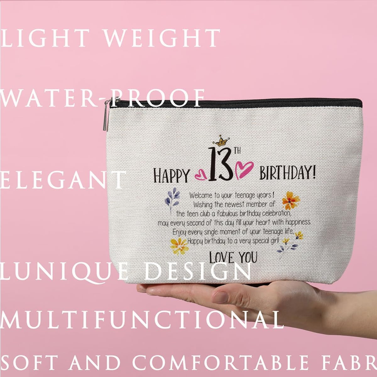 13th Birthday Gift for Girls - Water-Resistant Makeup Bag with Heart Zipper