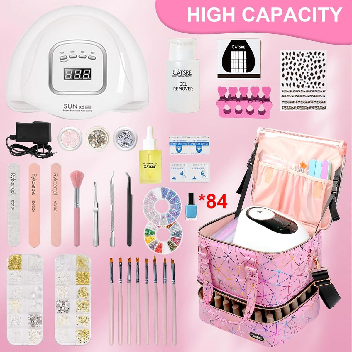 Large Capacity Nail Polish Organizer Bag with Lamp and Travel Case - Holds 84 Bottles