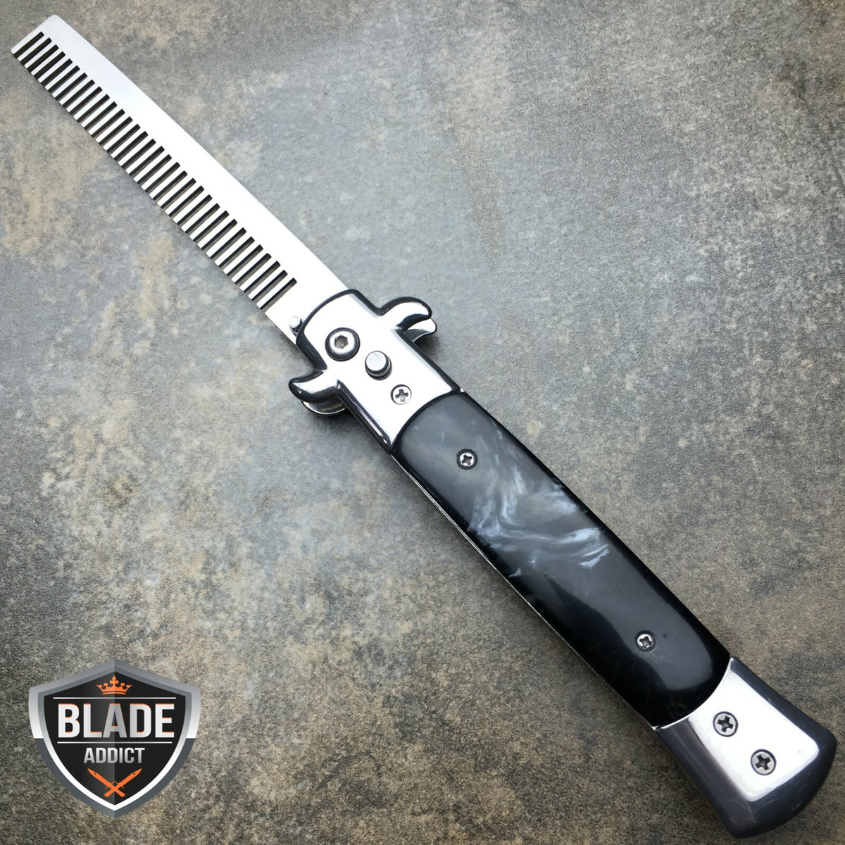 Automatic Folding Comb Switchblade Knife with Brush Black Stainless Steel Handle