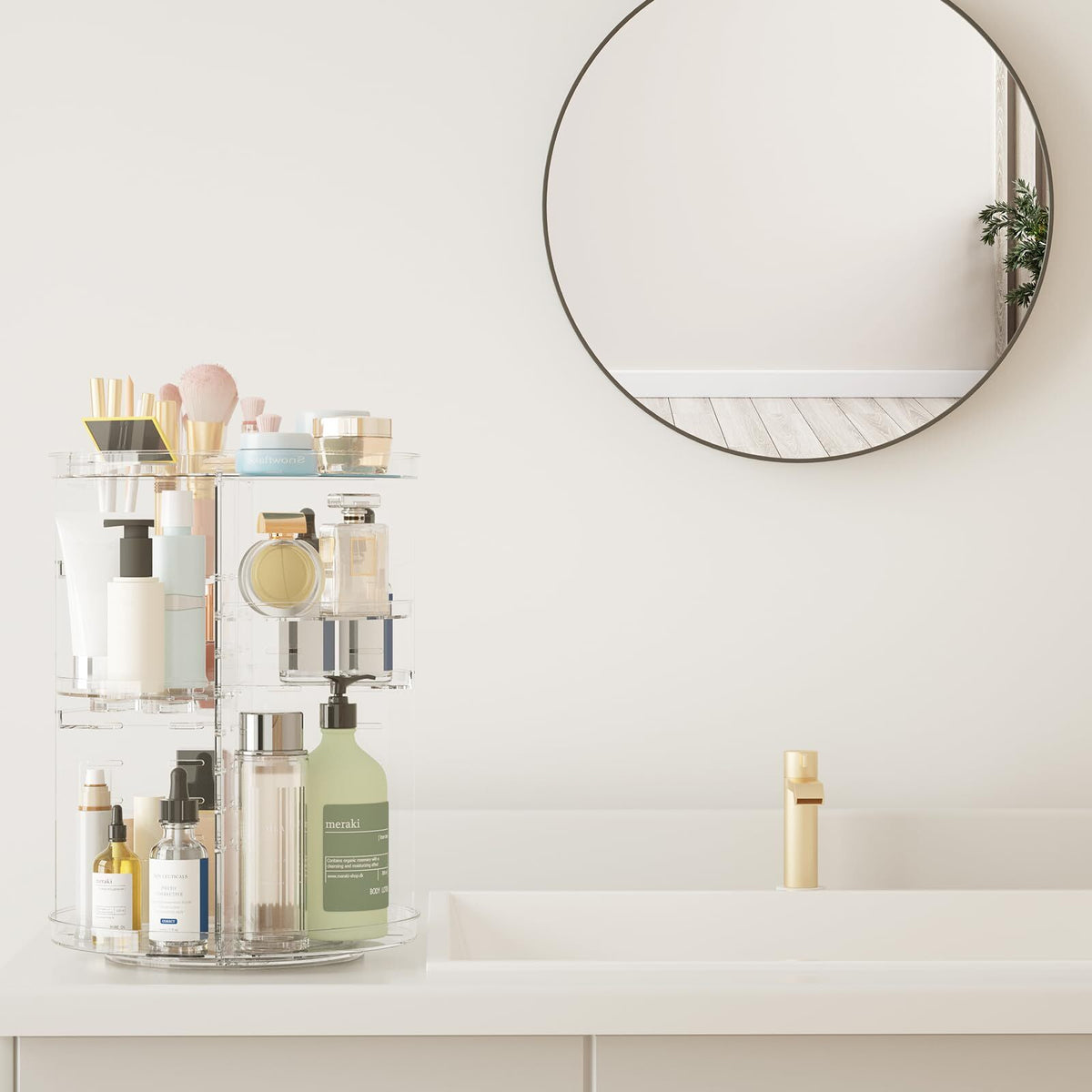 360 Degree Rotating Makeup Organizer with Adjustable Heights and Multiple Compartments