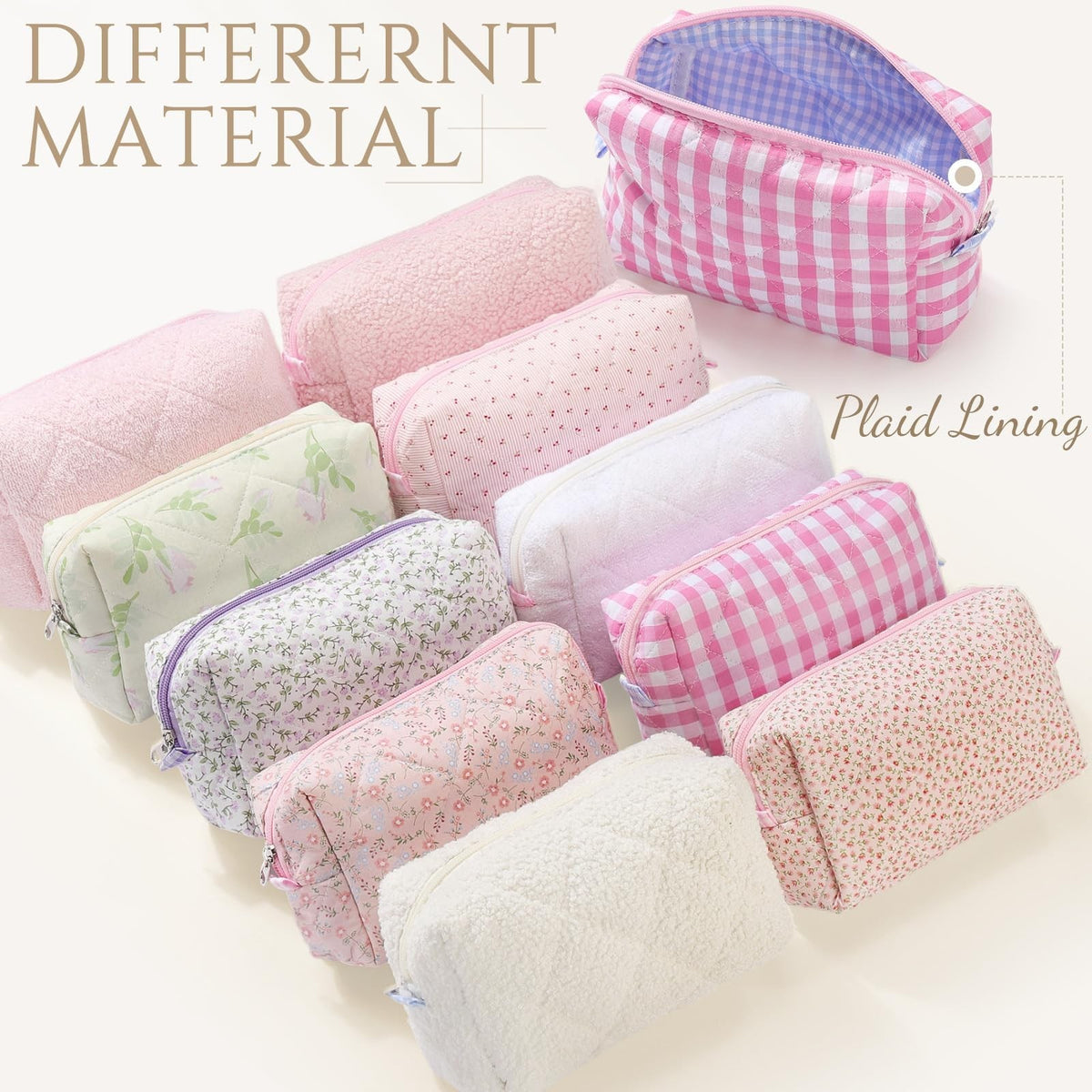10 Pcs Quilted Makeup Bag Set with Floral Cotton Design Travel Organizer