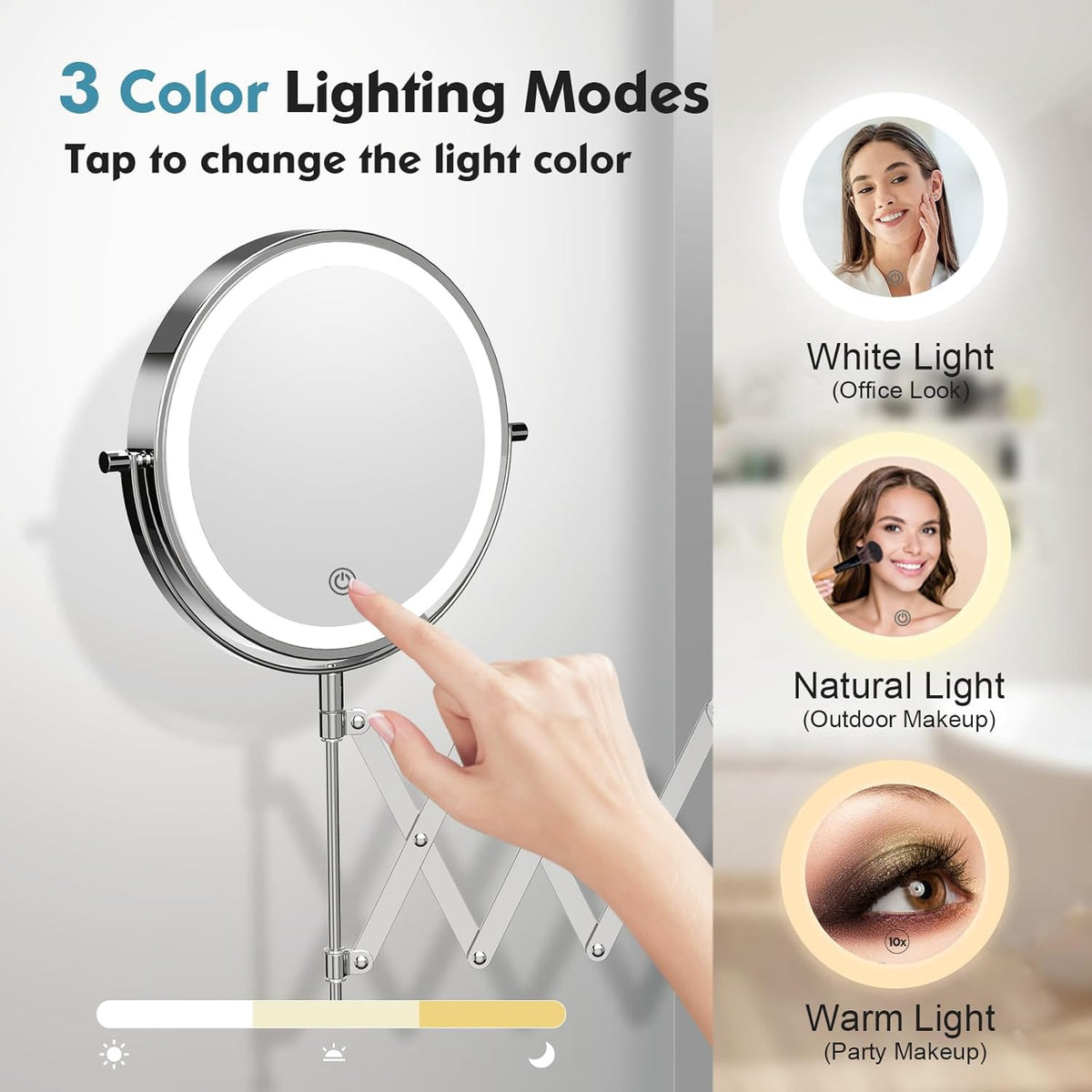Rechargeable Wall Mounted Makeup Mirror with Lights 8 Inch Double Sided 1X/10X Magnification