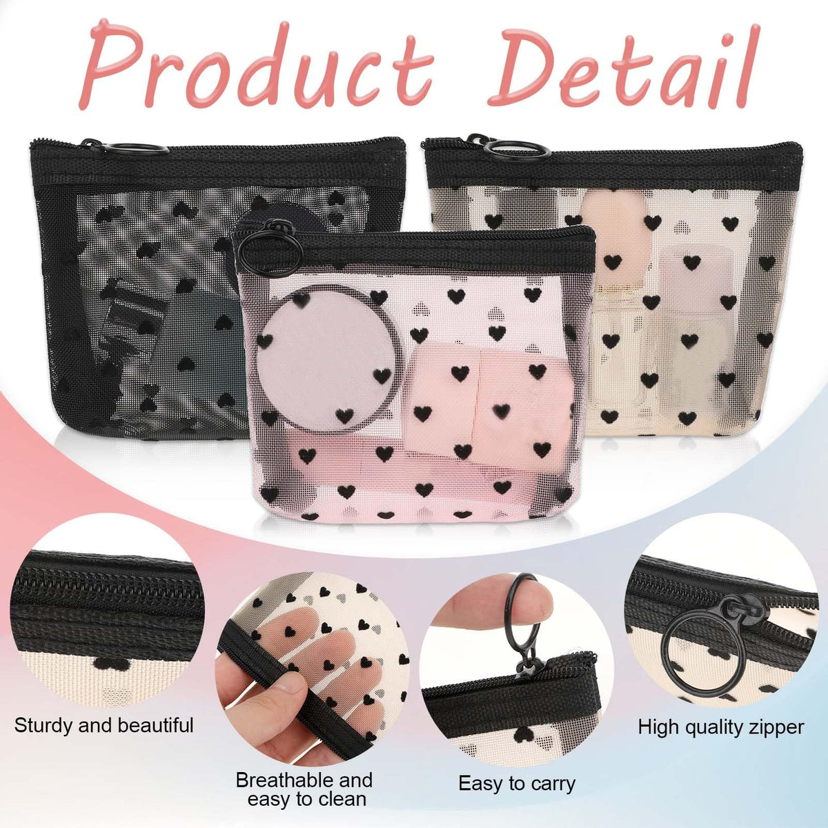 Mini Heart Cosmetic Bags Set - Mesh Travel Organizer Pouch in White Pink Black 3 Pack