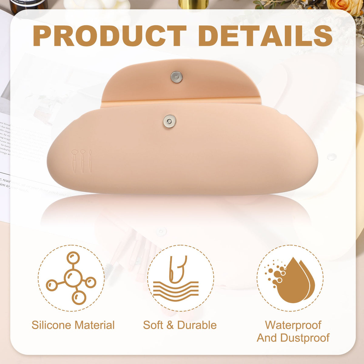 Silicone Makeup Brush Holder Travel Cosmetic Bag with Magnetic Closure - Khaki