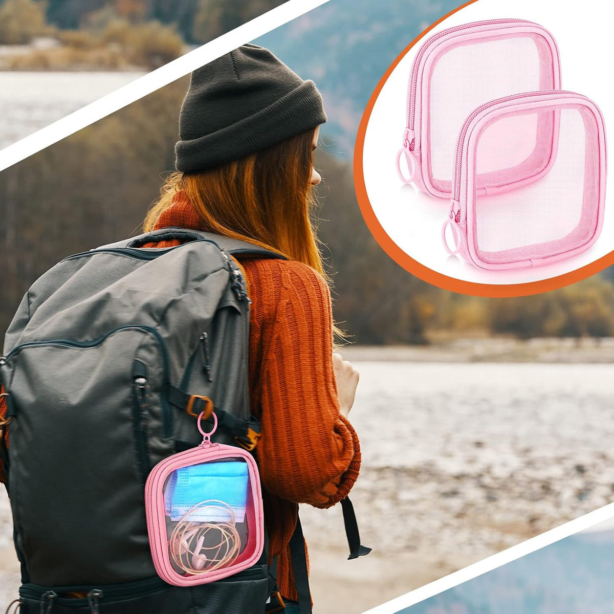 Small Mesh Makeup Bag - Transparent Travel Cosmetic Organizer, Pink