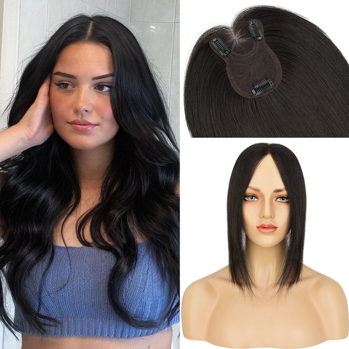 Women's Human Hair Clip-In Hairpiece Topper with Silk Lace Base – Natural Look