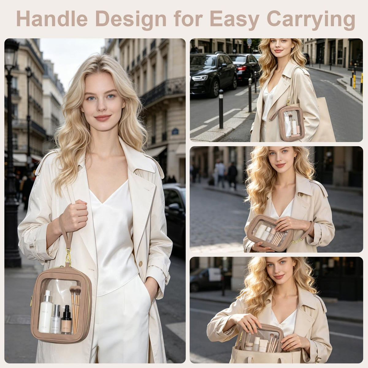 Clear Makeup & Toiletry Bags Set with Handles - Waterproof Khaki 2-Pack