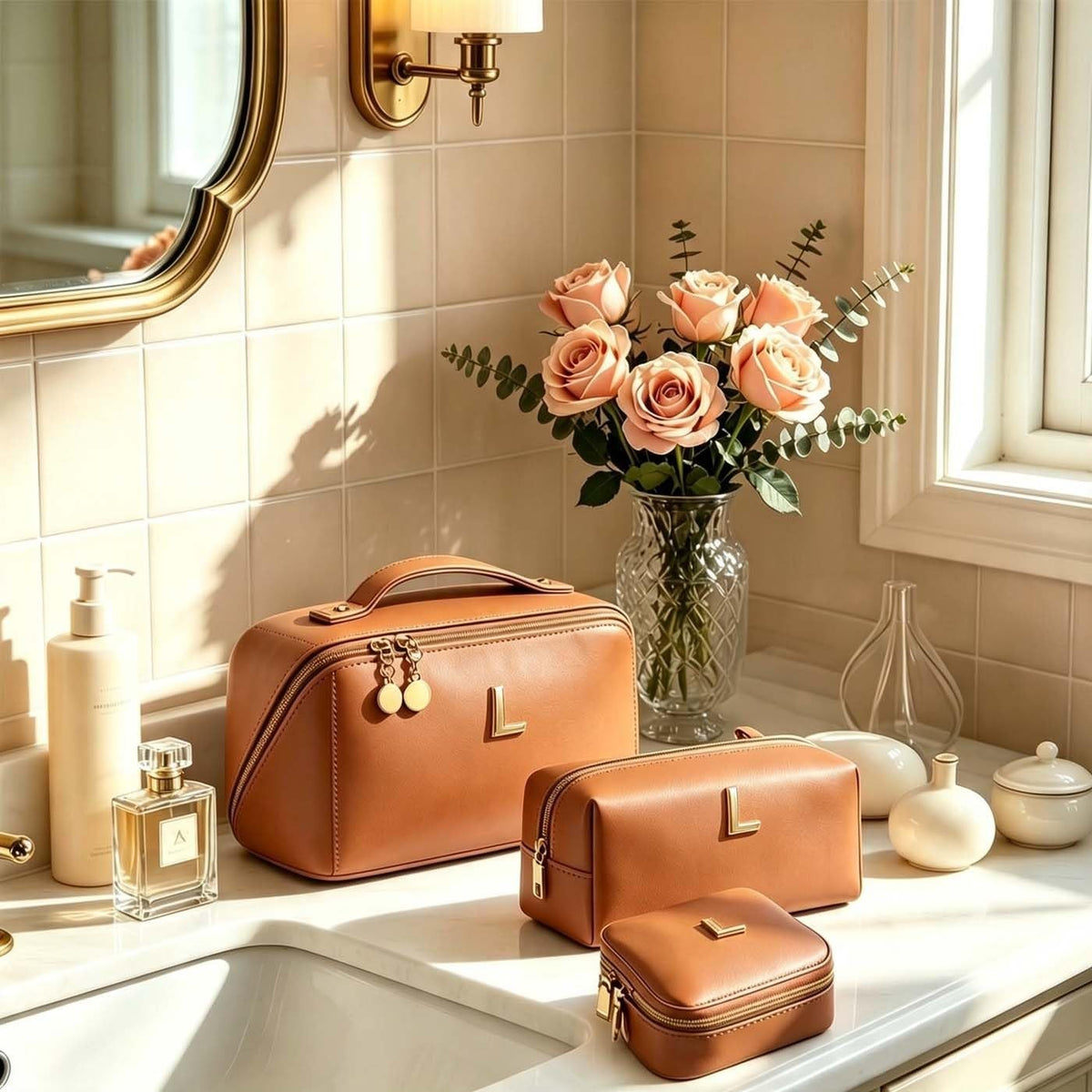 Personalized Makeup Bag with Initials - Large Travel Cosmetic Organizer, Brown