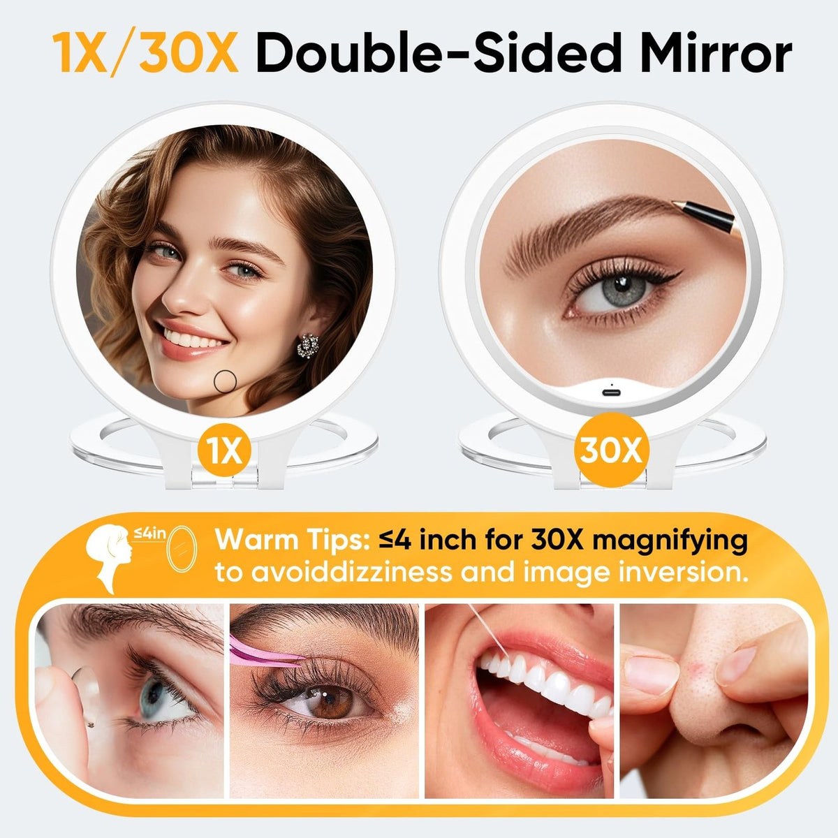 Rechargeable 30X/1X Double-Sided Lighted Travel Makeup Mirror
