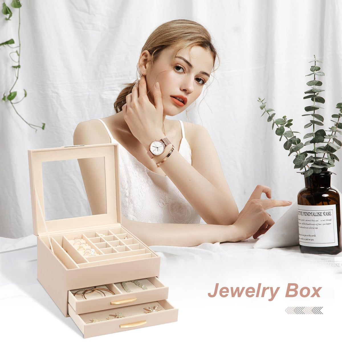 Jewelry Organizer Box with Glass Lid, 3-Tier Necklace and Earring Storage