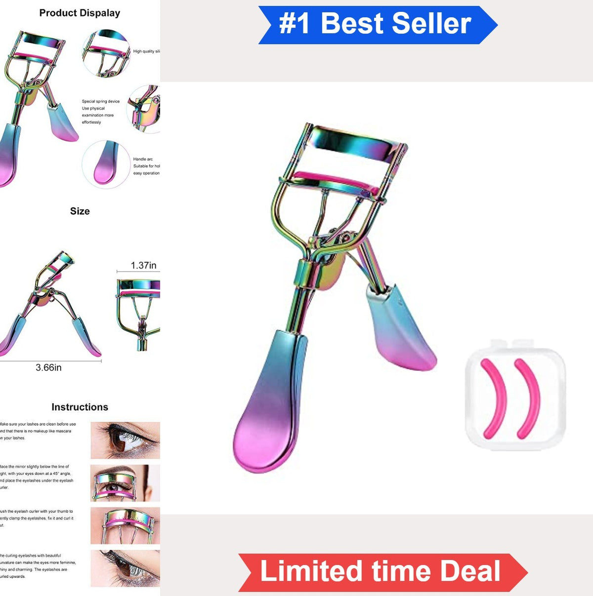 Metal Eyelash Curler with Silicone Refill Pads - All Eye Shapes Safe & Easy to Use