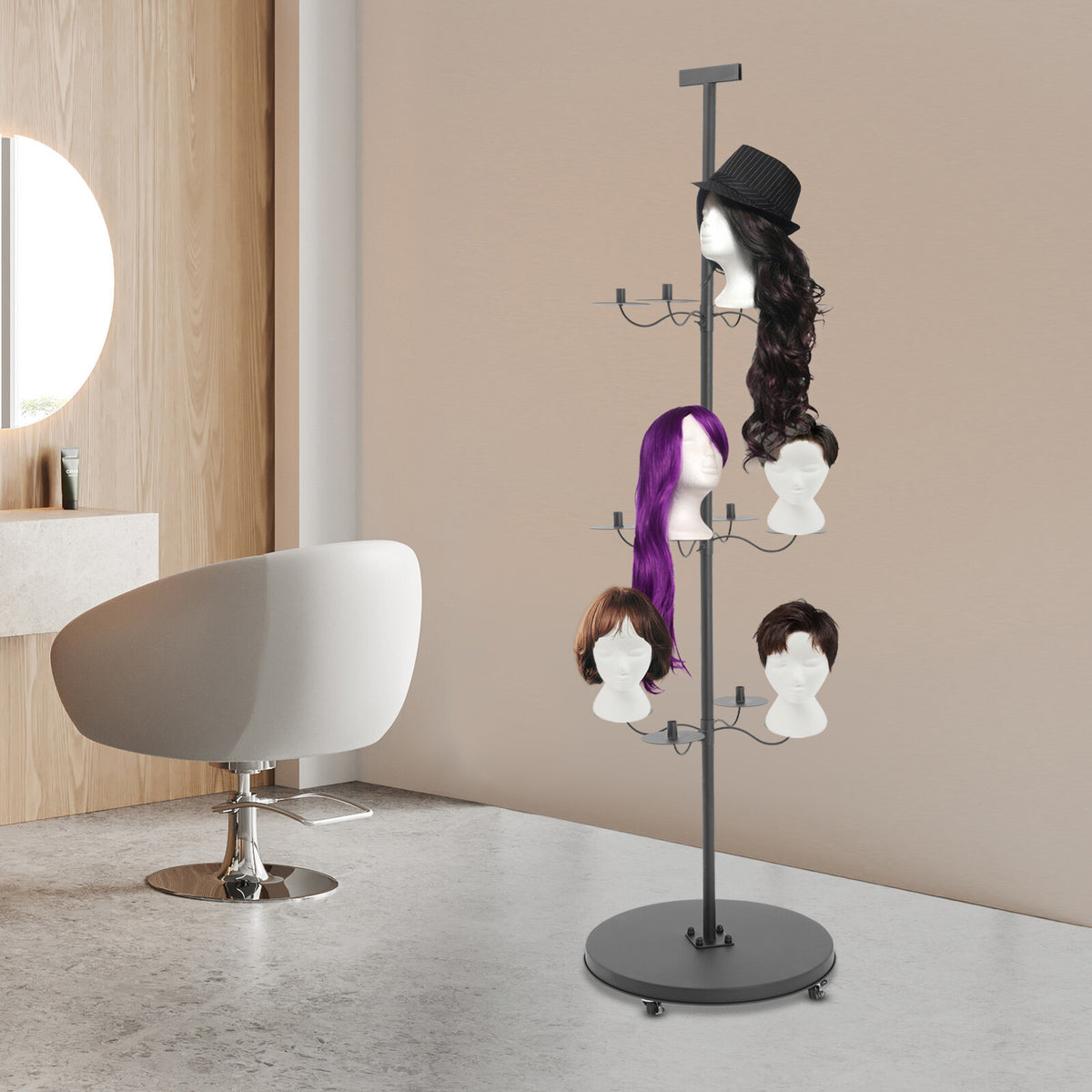 Pink Wig Display & Storage Rack for 12 Wigs with Wheels and Adjustable Tiers