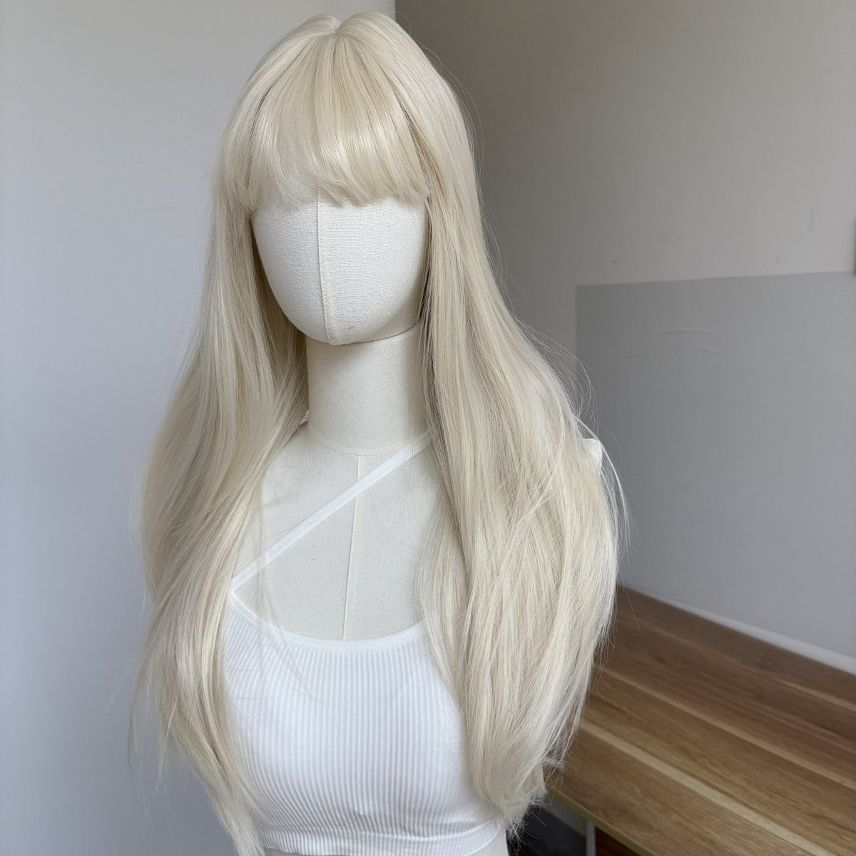 Platinum Blonde Synthetic Wig for Women Long Straight Costume Hair with Bangs