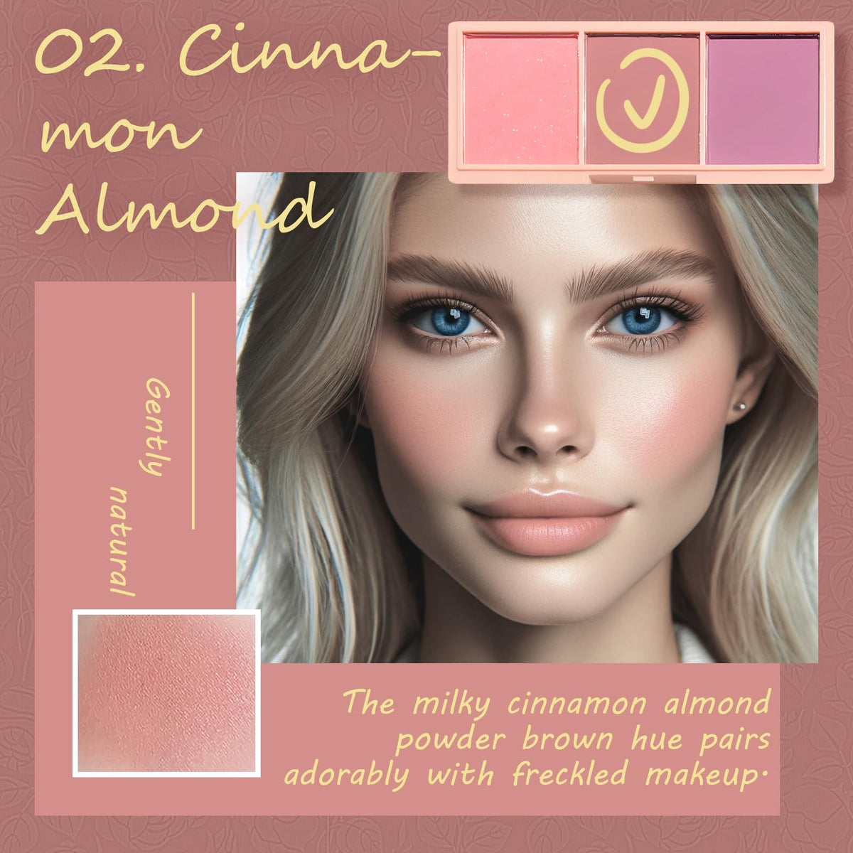 3 Color Matte Pink Blush Palette with Brush - Long Lasting Cheek Makeup