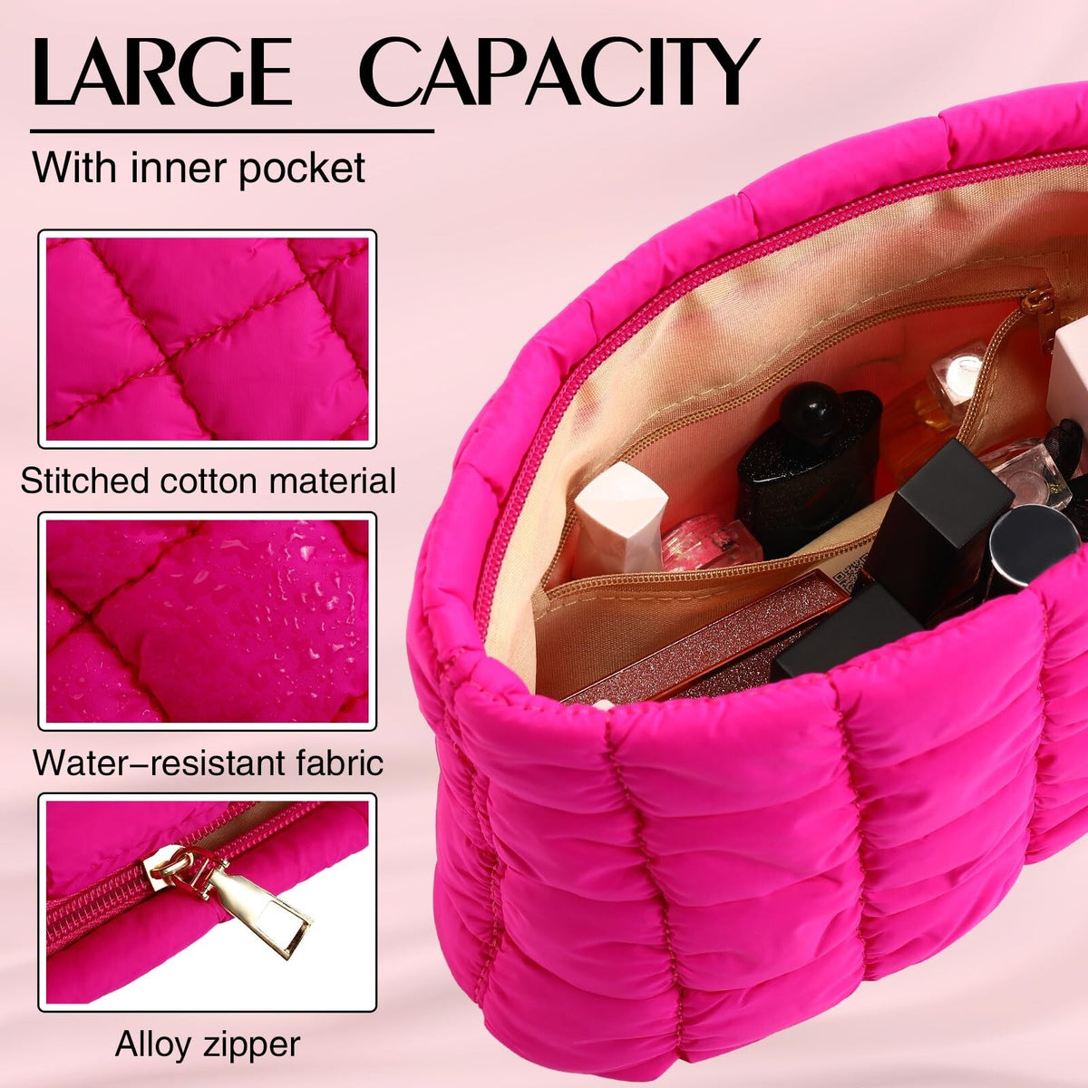 Puffy Quilted Makeup Bag with Zipper - Travel Cosmetic Organizer, Rose Red