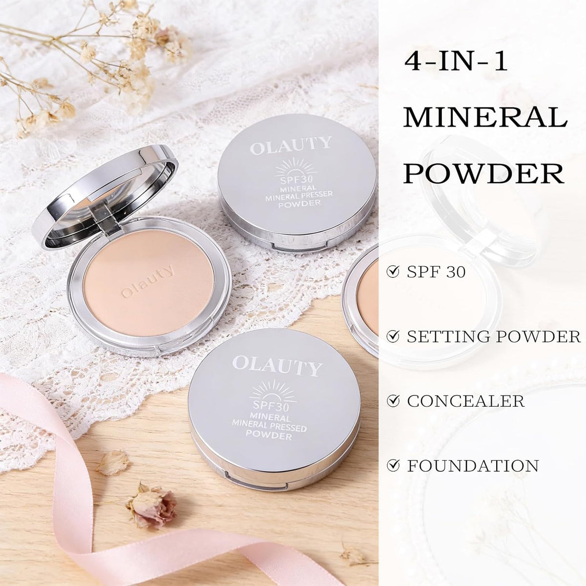 Mineral Powder Foundation with SPF 30, 4-in-1 Sun Protection Face Powder - Light to Medium Coverage